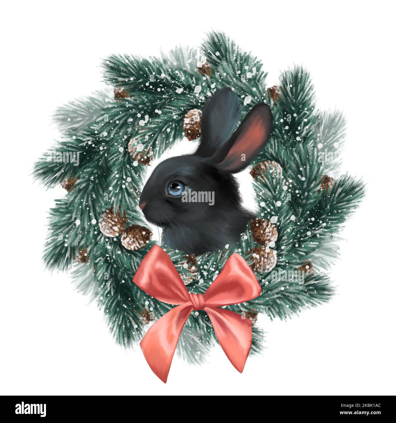 Black bunny. Cute winter illustration of rabbit and fir tree wreath