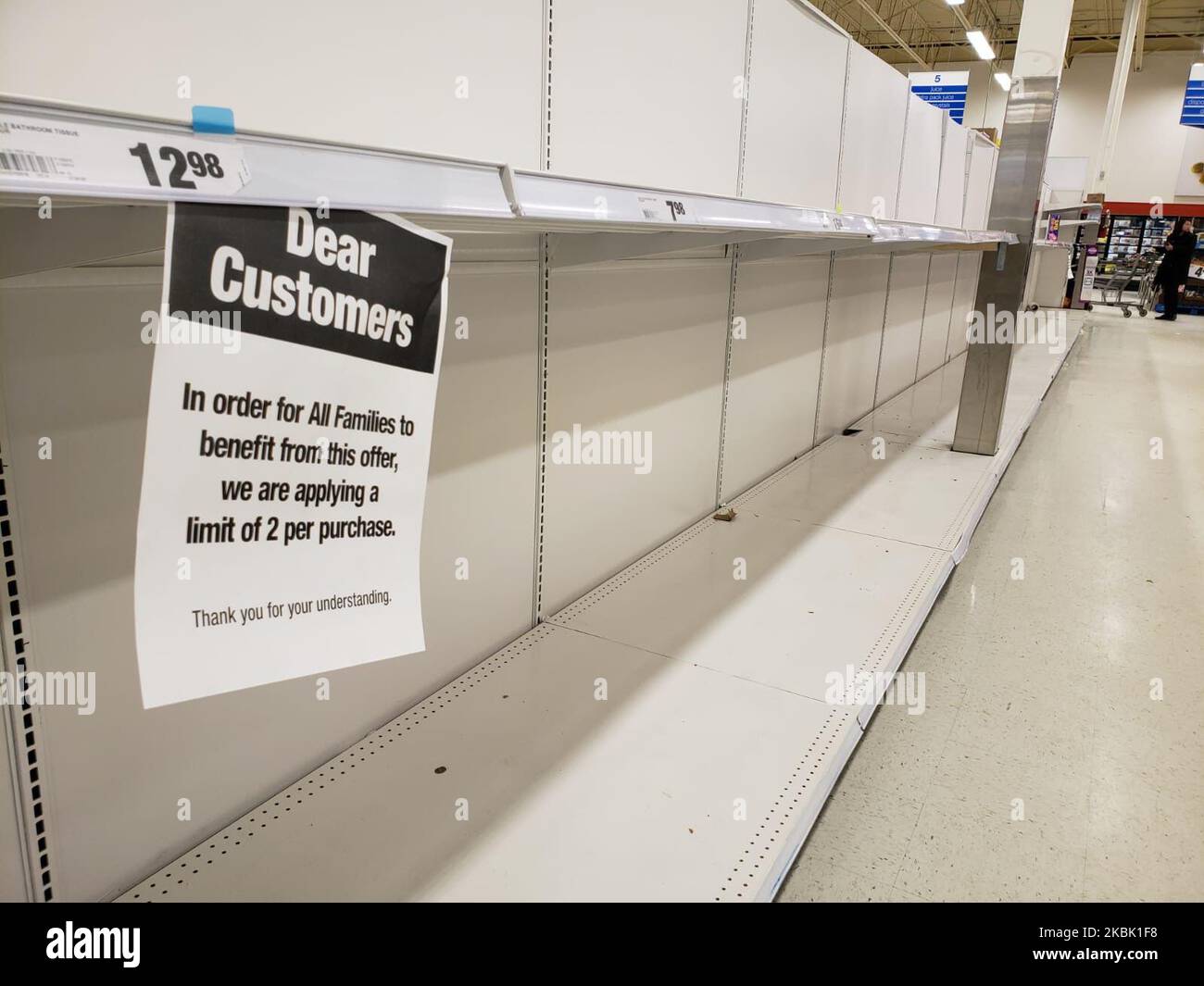 Empty shelves are seen in the Kotex aisle inside a supermarket in Edmonton, Canada on March 14, 2020. The World Health Organization has declared COVID-19 a global pandemic. This comes just after it was announced that Canadian Prime Minister Justin Trudeau declared he will be in a 14 day self-imposed quarantine after his wife Sophie Gregoire Trudeau tested positive for COVID-19. (Photo by Sayed Najafizada/NurPhoto) Stock Photo