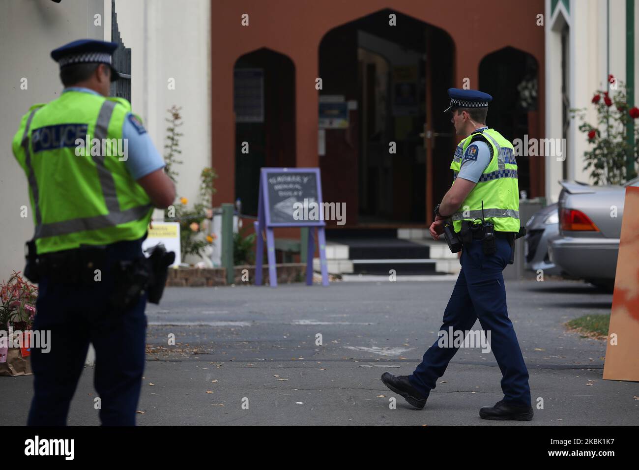 Police officersÂ patrol outside the Al Noor mosque in Christchurch, New Zealand on March 15, 2020. On March 15 last year, 51 people died and 49 were injured in the shootings at Christchurch's Al Noor and Linwood MosquesÂ when a gunman opened fire on worshippers.Â It was labeled as New Zealand's 'darkest day'.Â Events around the country including the Christchurch National Remembrance Service which marking the first anniversary of the attacks has been canceled amid safety fears over Covid-19.Â (Photo by Sanka Vidanagama/NurPhoto) Stock Photo