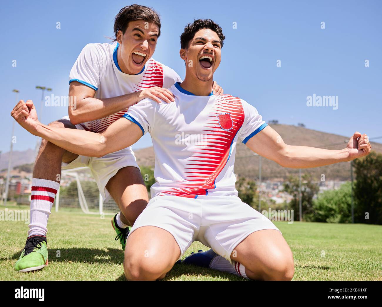 Winner, teamwork and sports with football man for goals, workout and