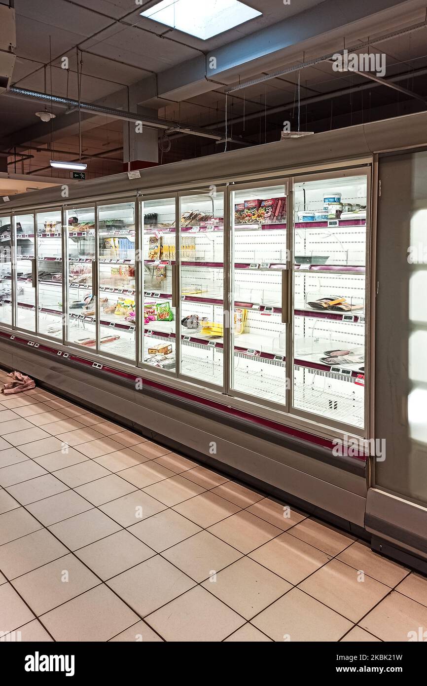Empty shelves in a large grocery store in Paris, France, on March 15