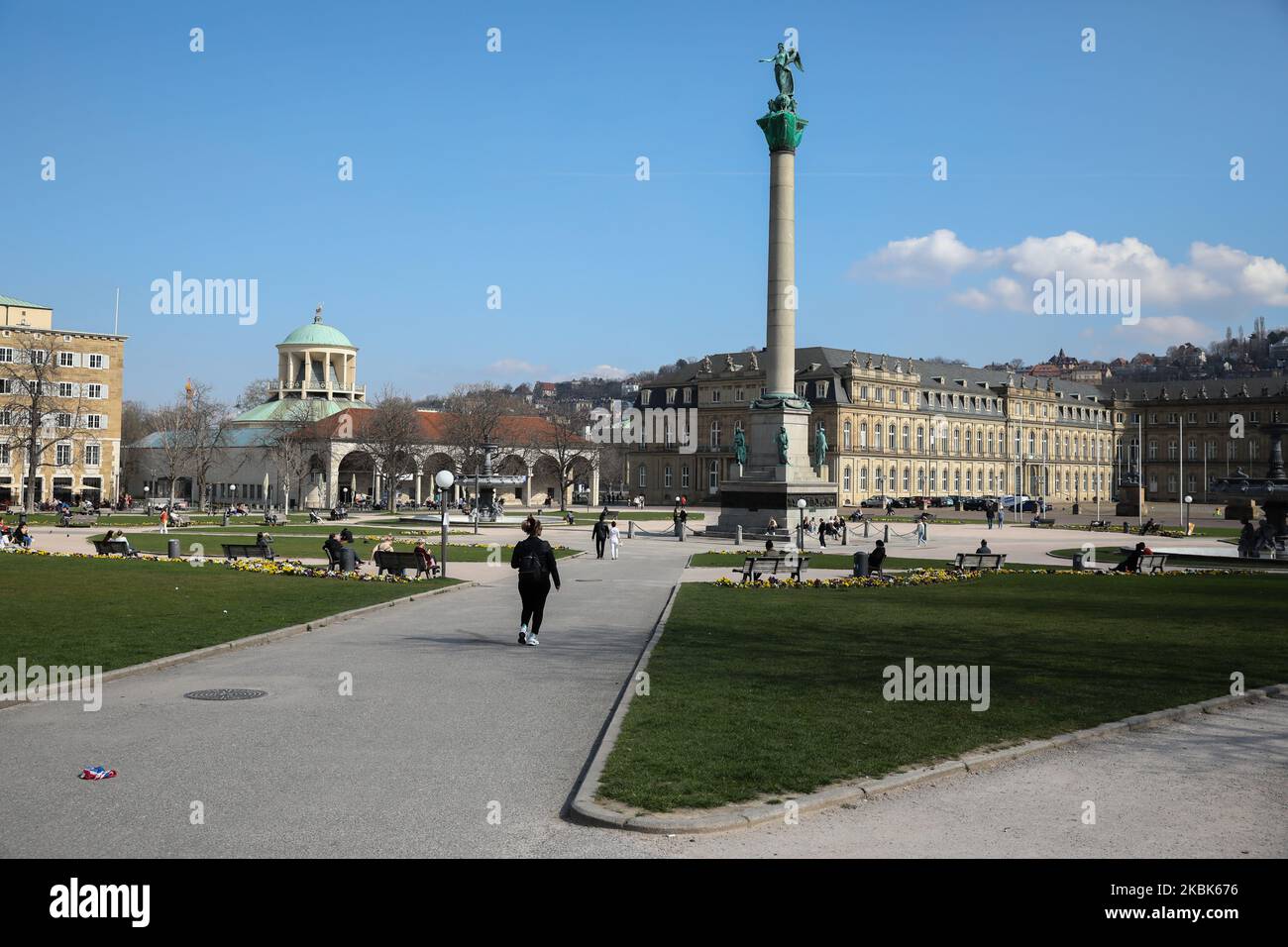 Resident enjoy a sunny day at the center of Stuttgart, southern Germany on March 18, 2020. German leaders urged citizens to stay home, as the government announced unprecedented nationwide measures to radically scale back public life in order to slow the spread of the coronavirus. (Photo by Agron Beqiri/NurPhoto) Stock Photo