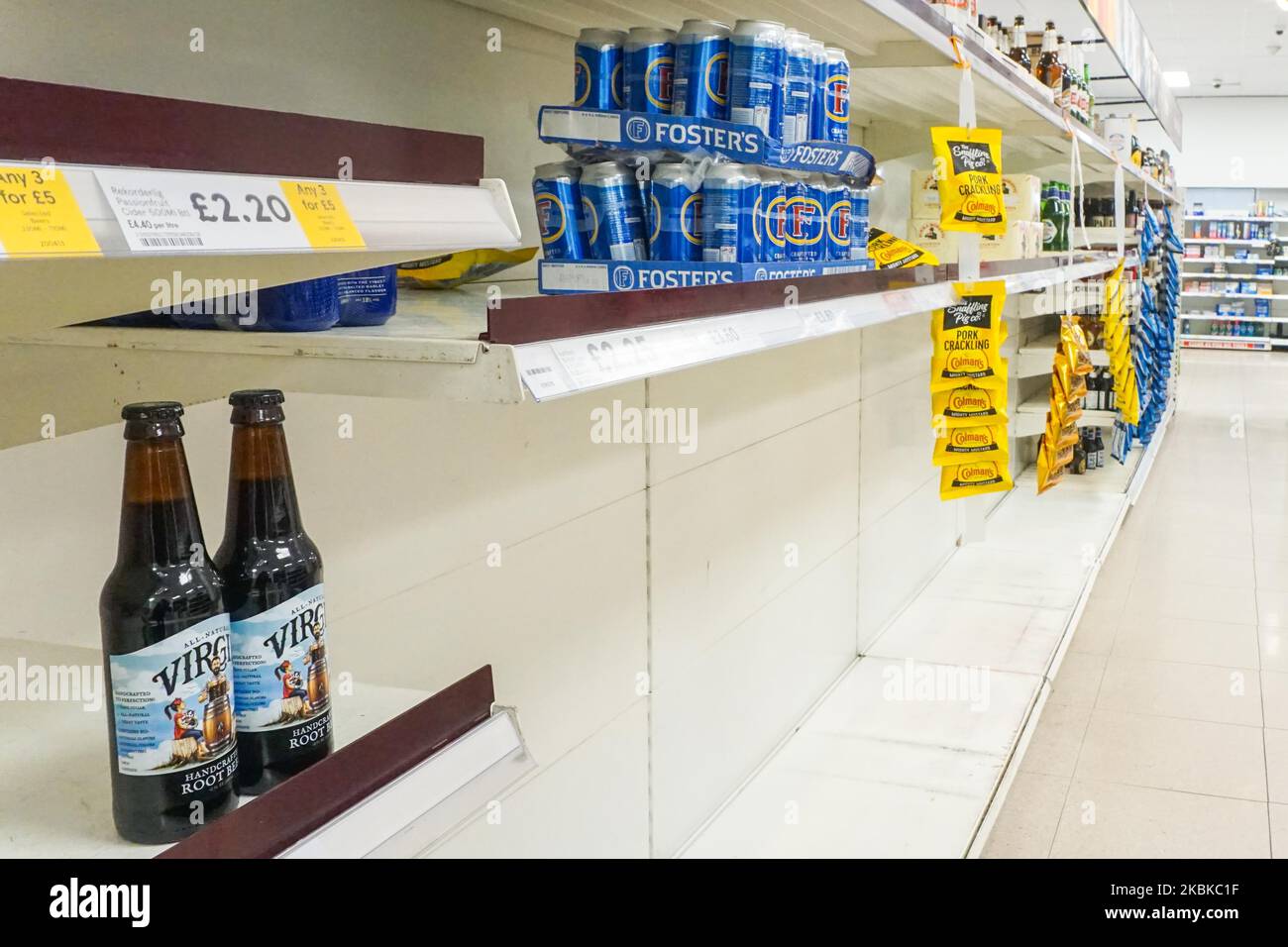 Empty shelves of Tesco supermarket in Sheffield , England , 22 March 2020. (Photo by Giannis