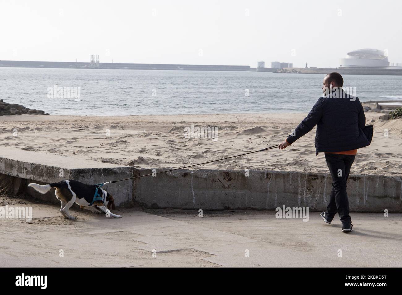 A man walks with his dog at Matosinhos beach, Porto, Portugal, on March 22, 2020. Given the pandemic covid-19, the state of emergency was declared and people were only allowed to leave the house for basic necessities (go to the supermarket, pharmacy) or practice outdoor sports individually. (Photo by Rita Franca/NurPhoto) Stock Photo