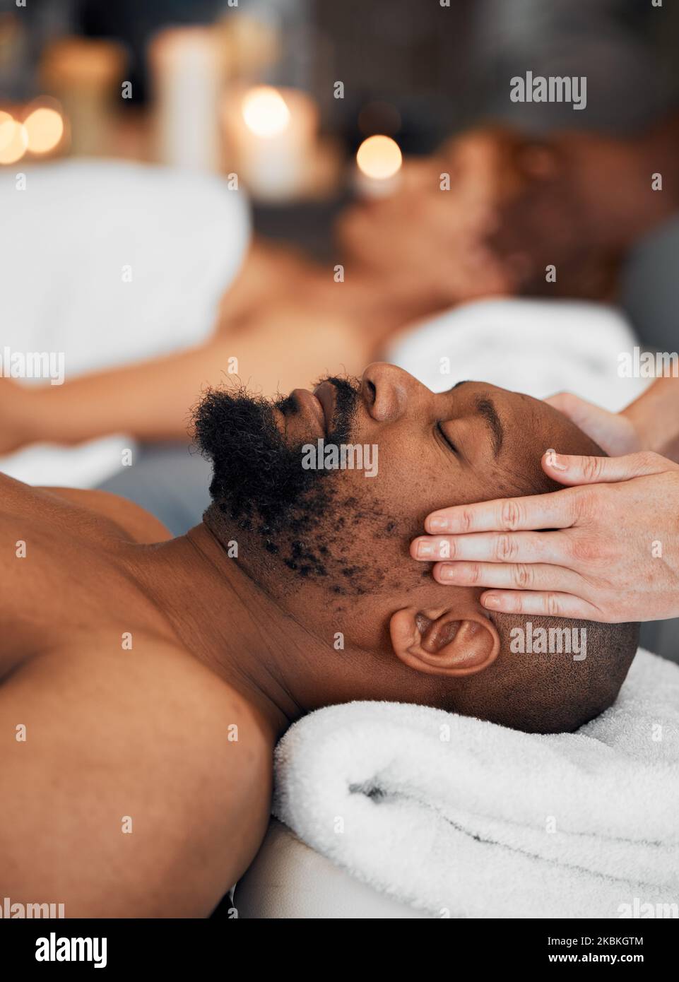 Spa, black man and woman, massage, relax and romantic for peaceful, focus and calm. African American couple, wellness and enjoy retreat for health Stock Photo