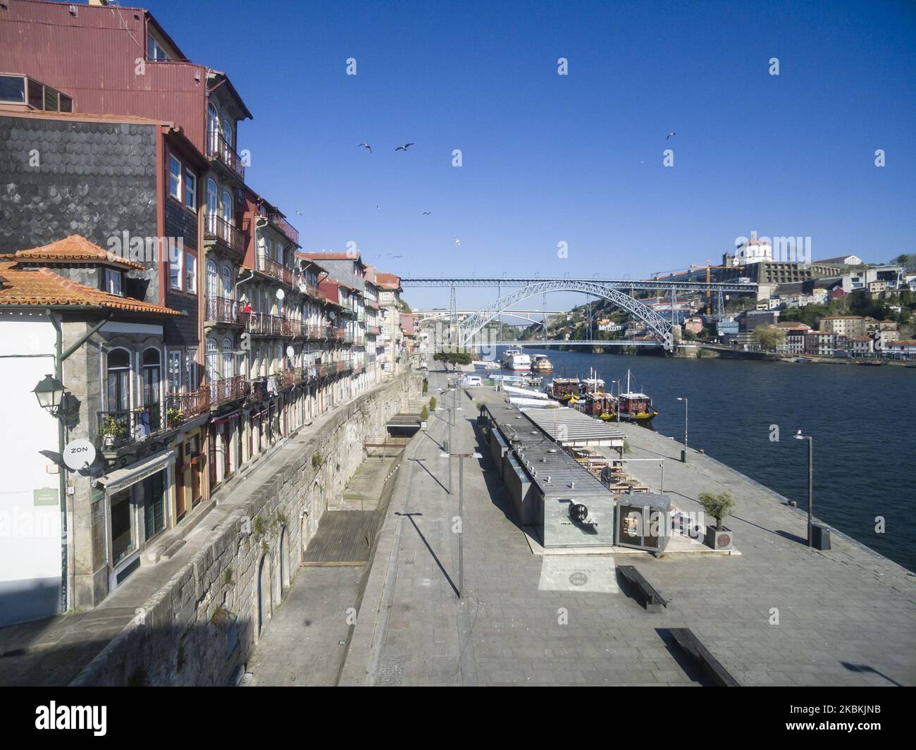 A drone view of Porto, Portugal, on March 26, 2020 during the Coronavirus emergency (Photo by Rita Franca/NurPhoto) Stock Photo