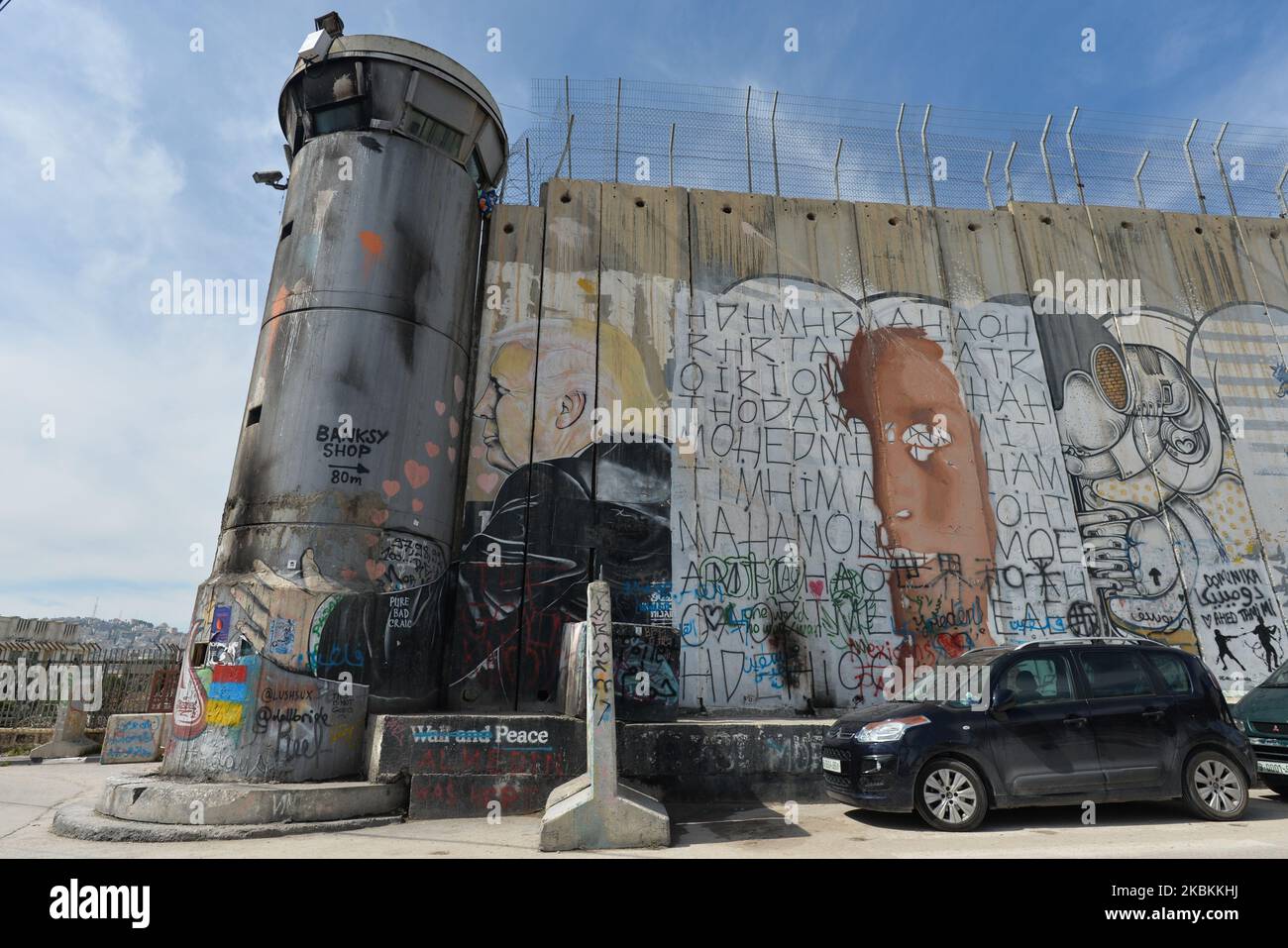 An Image of the US President Donald Trump among other political and social mural paintings and graffitis on the wall separting Israel and the West Bank in Bethlehem. On Thursday, March 5, 2020, in Bethlehem, Palestine (Photo by Artur Widak/NurPhoto) Stock Photo