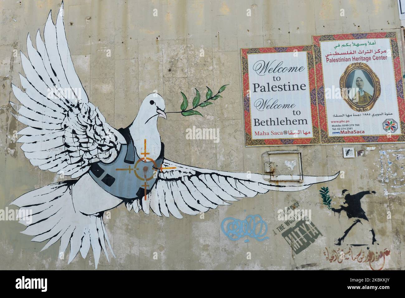The Armored Dove of Peace among other political and social mural paintings and graffitis on the wall separting Israel and the West Bank in Bethlehem. On Thursday, March 5, 2020, in Bethlehem, Palestine (Photo by Artur Widak/NurPhoto) Stock Photo