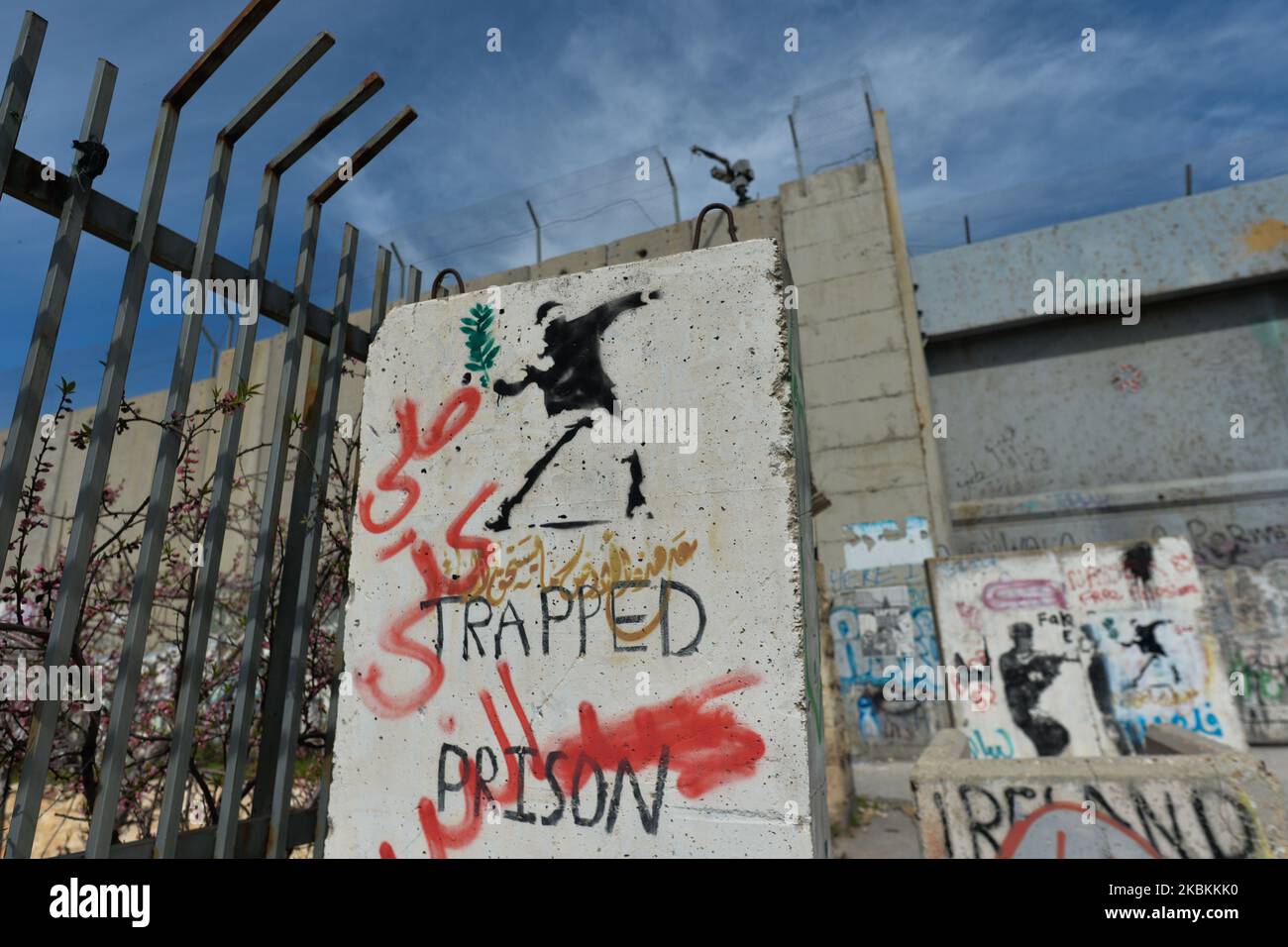 Political and social mural paintings and graffitis on the wall separting Israel and the West Bank in Bethlehem. On Thursday, March 5, 2020, in Bethlehem, Palestine (Photo by Artur Widak/NurPhoto) Stock Photo