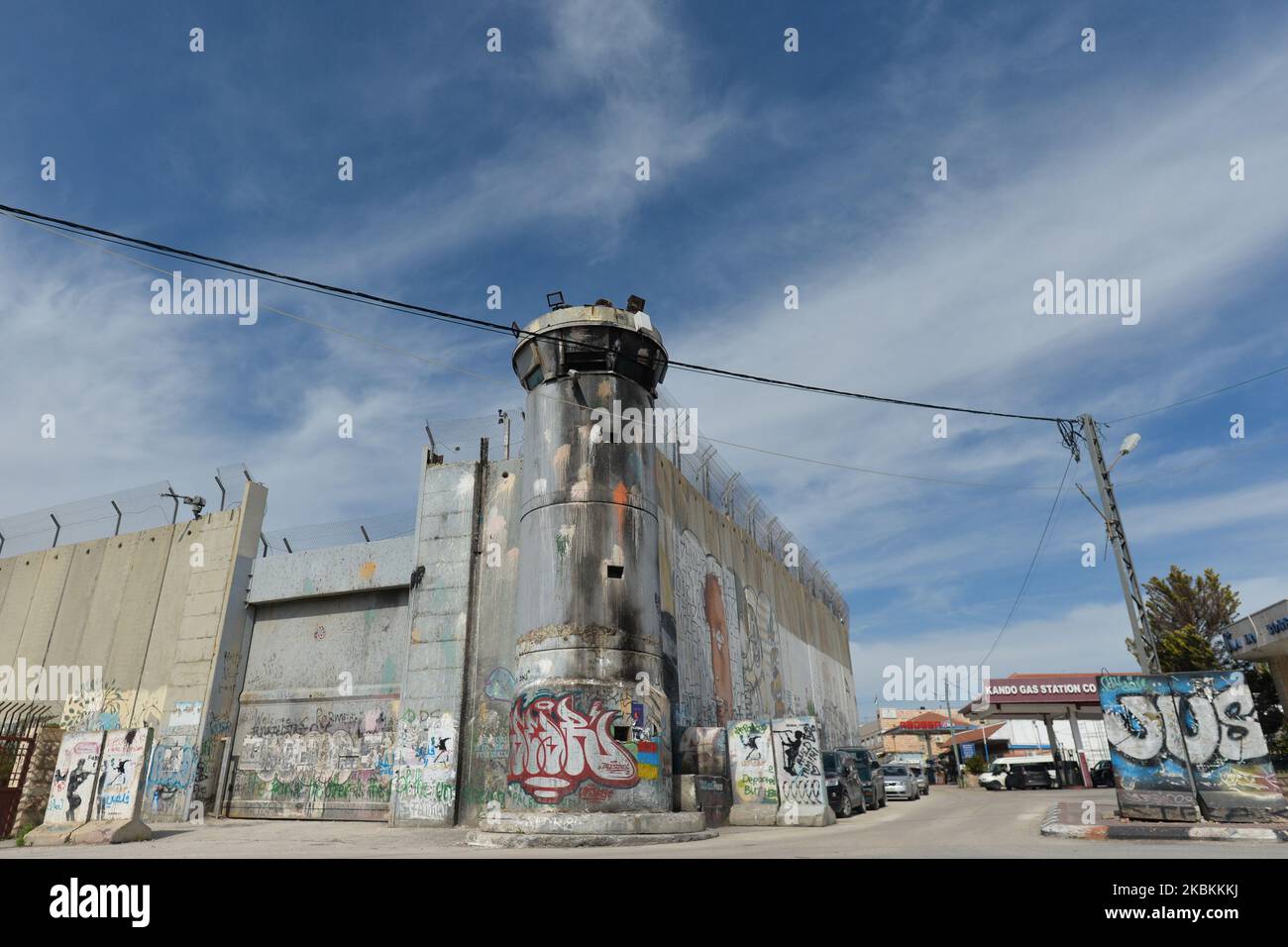 Political and social mural paintings and graffitis on the wall separting Israel and the West Bank in Bethlehem. On Thursday, March 5, 2020, in Bethlehem, Palestine (Photo by Artur Widak/NurPhoto) Stock Photo