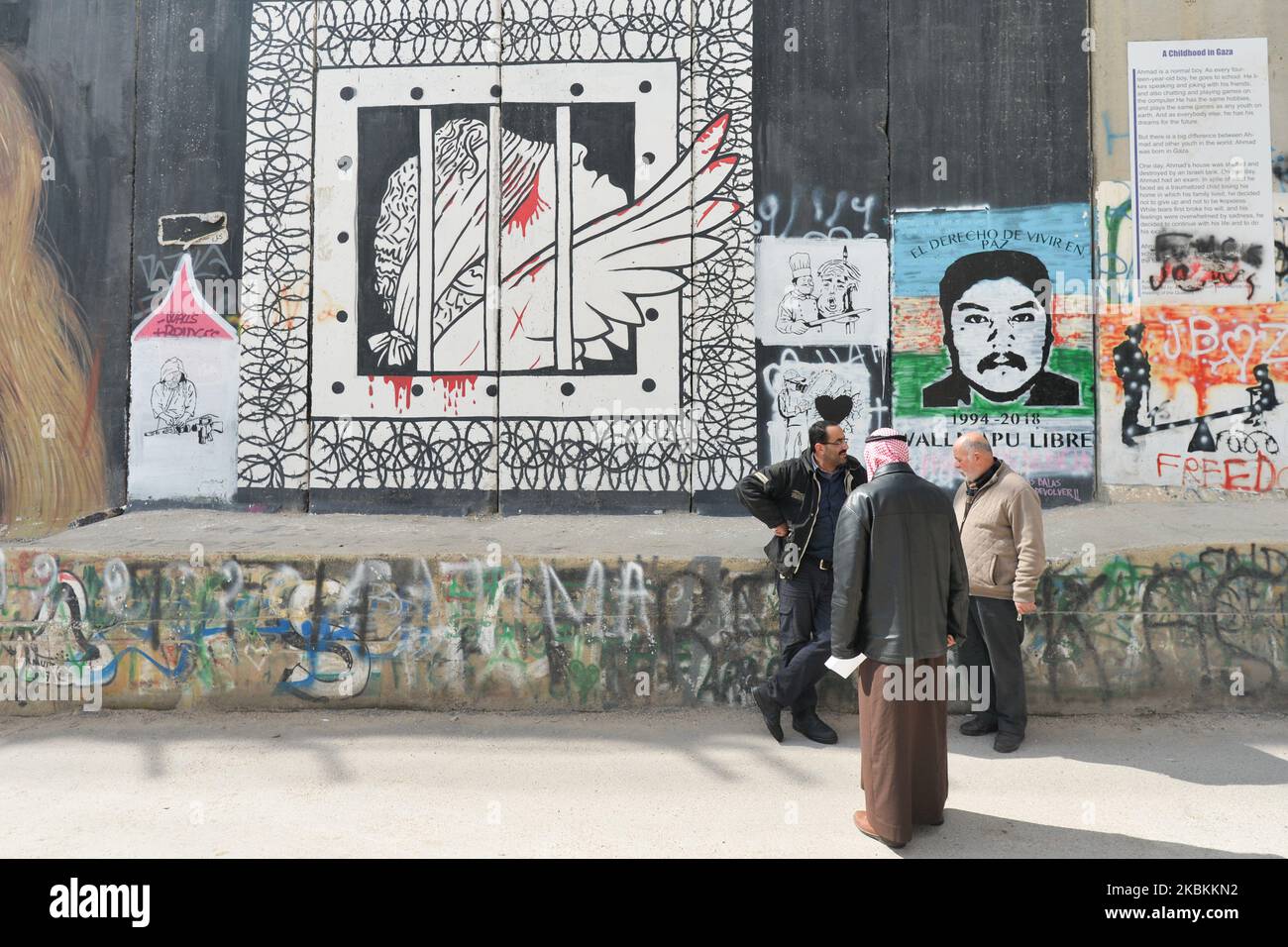 Political and social mural paintings and graffitis on the wall separting Israel and the West Bank in Bethlehem. On Thursday, March 5, 2020, in Bethlehem, Palestine (Photo by Artur Widak/NurPhoto) Stock Photo