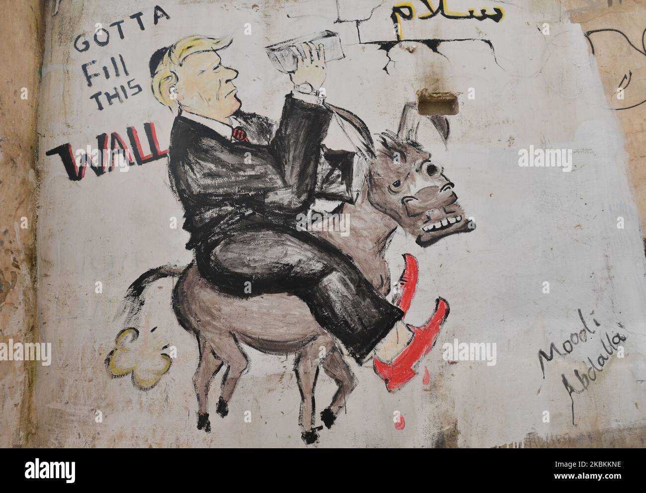 A mural depicting US President Donald Trump seen among other political and social mural paintings and graffitis on the wall separting Israel and the West Bank in Bethlehem. On Thursday, March 5, 2020, in Bethlehem, Palestine (Photo by Artur Widak/NurPhoto) Stock Photo