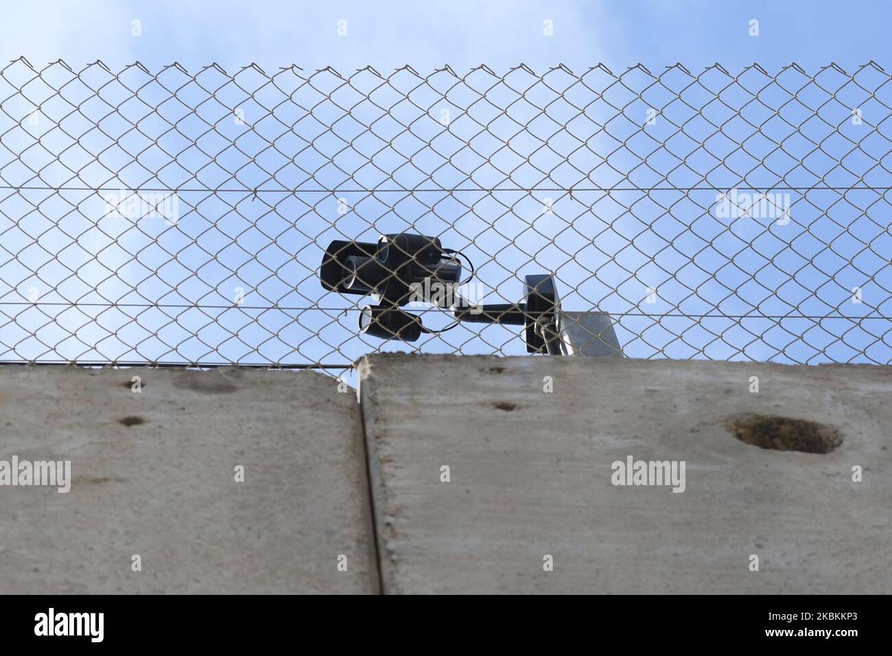 A CCTV camera over the wall separting Israel and the West Bank in Bethlehem. On Thursday, March 5, 2020, in Bethlehem, Palestine (Photo by Artur Widak/NurPhoto) Stock Photo