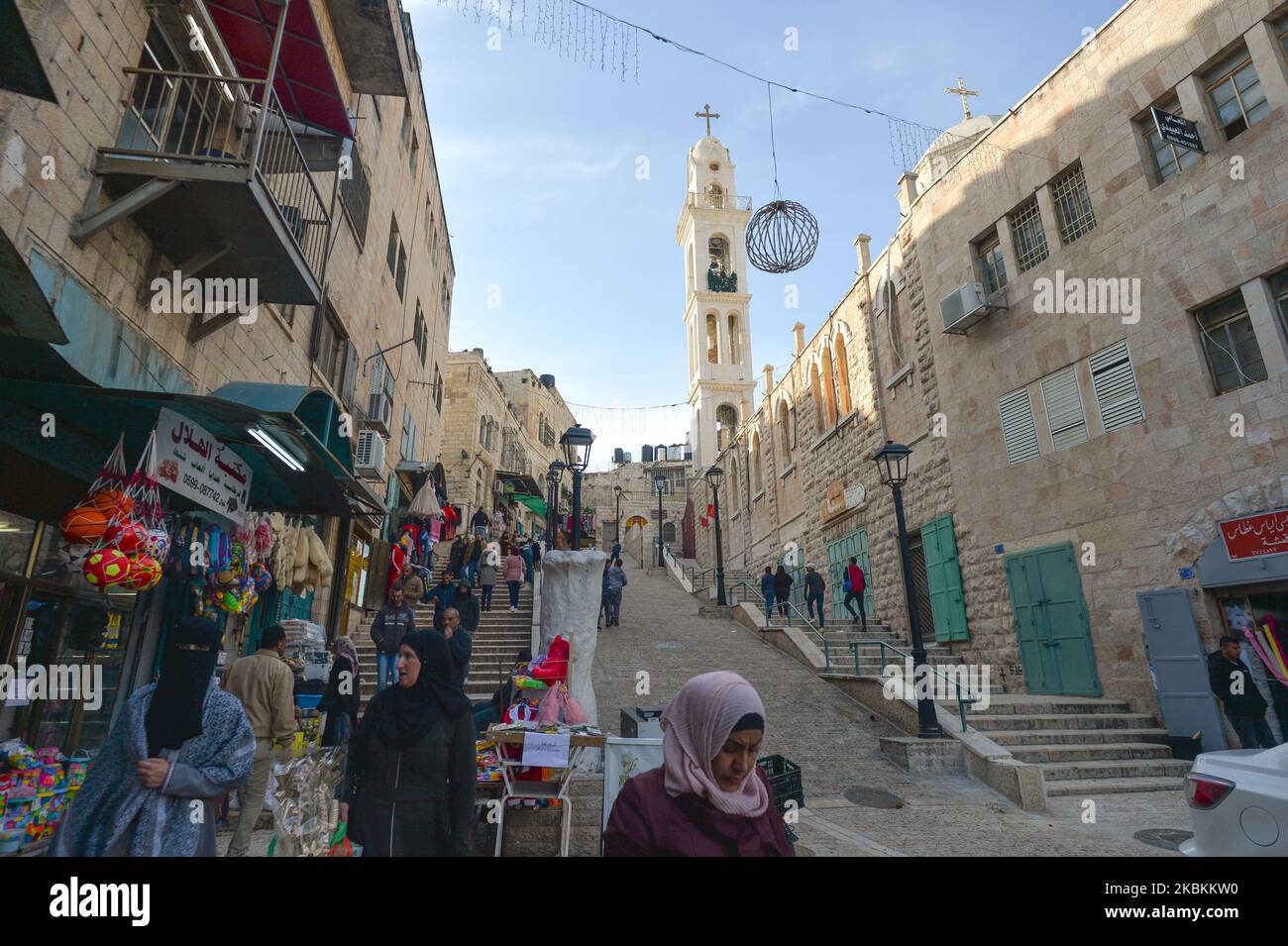 A view of a center of Bethlehem with Christmas Lutheran Church. On