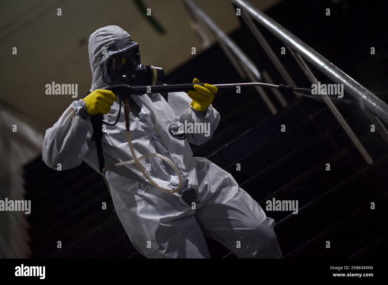 Military soldiers from the Brazilian Army's Chemical, Biological, Radiological and Nuclear Defense Company work on the disinfection of the Central Subway Station in Brasília, Brazil, on March 28, 2020. Decontamination actions in places with high passenger traffic are part of the prevention and fight against the Coronavirus (COVID-19). (Photo by Andre Borges/NurPhoto) Stock Photo