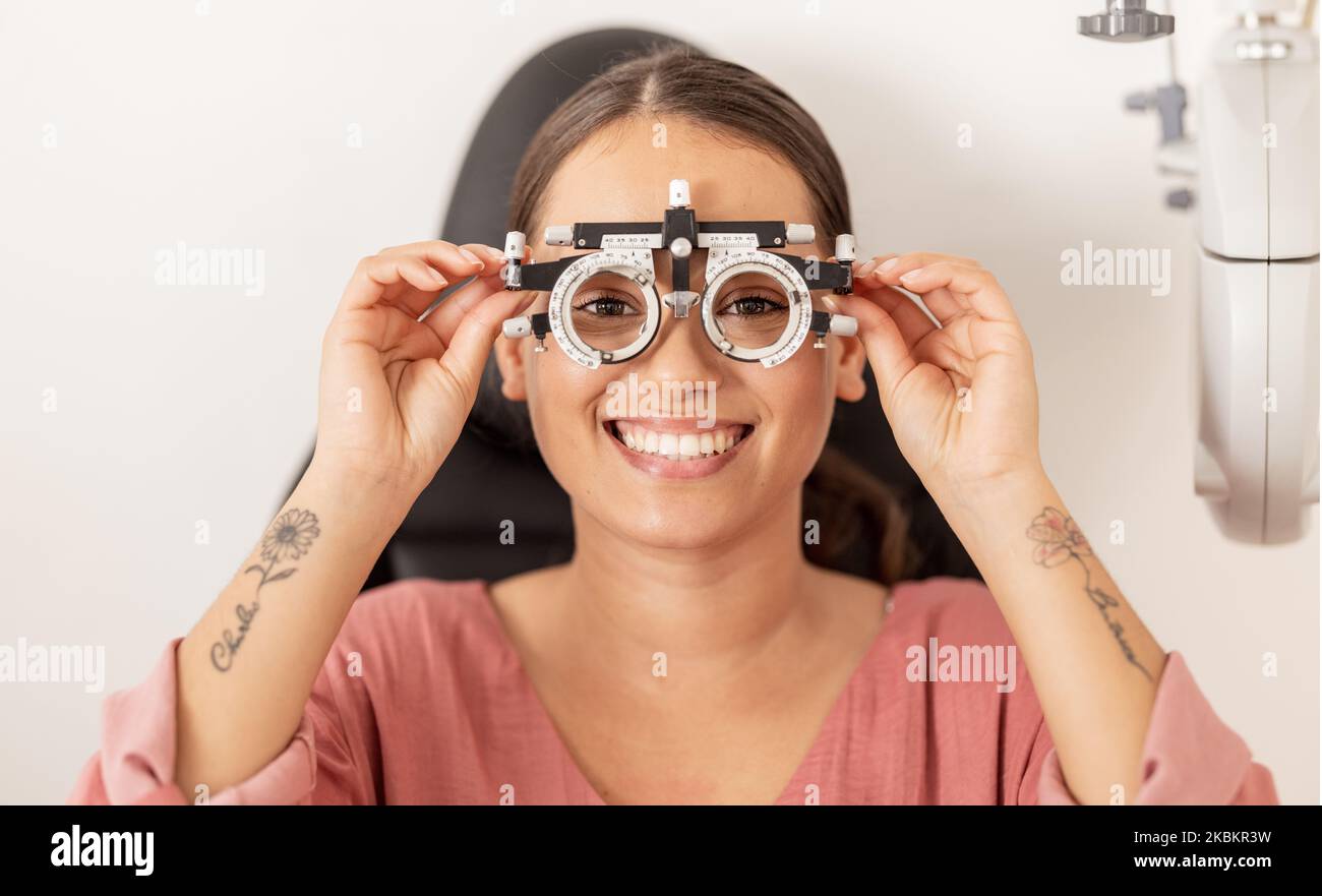 Vision, healthcare and eyes test for a woman with glasses checking