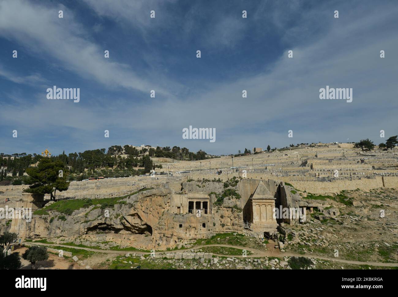 The tombs of the Sons of Hezir and the tomb of Zechariah, in Valley of Jehoshaphat, Jerusalem. On Wednesday, March 11, 2020, in Jerusalem, Israel. (Photo by Artur Widak/NurPhoto) Stock Photo