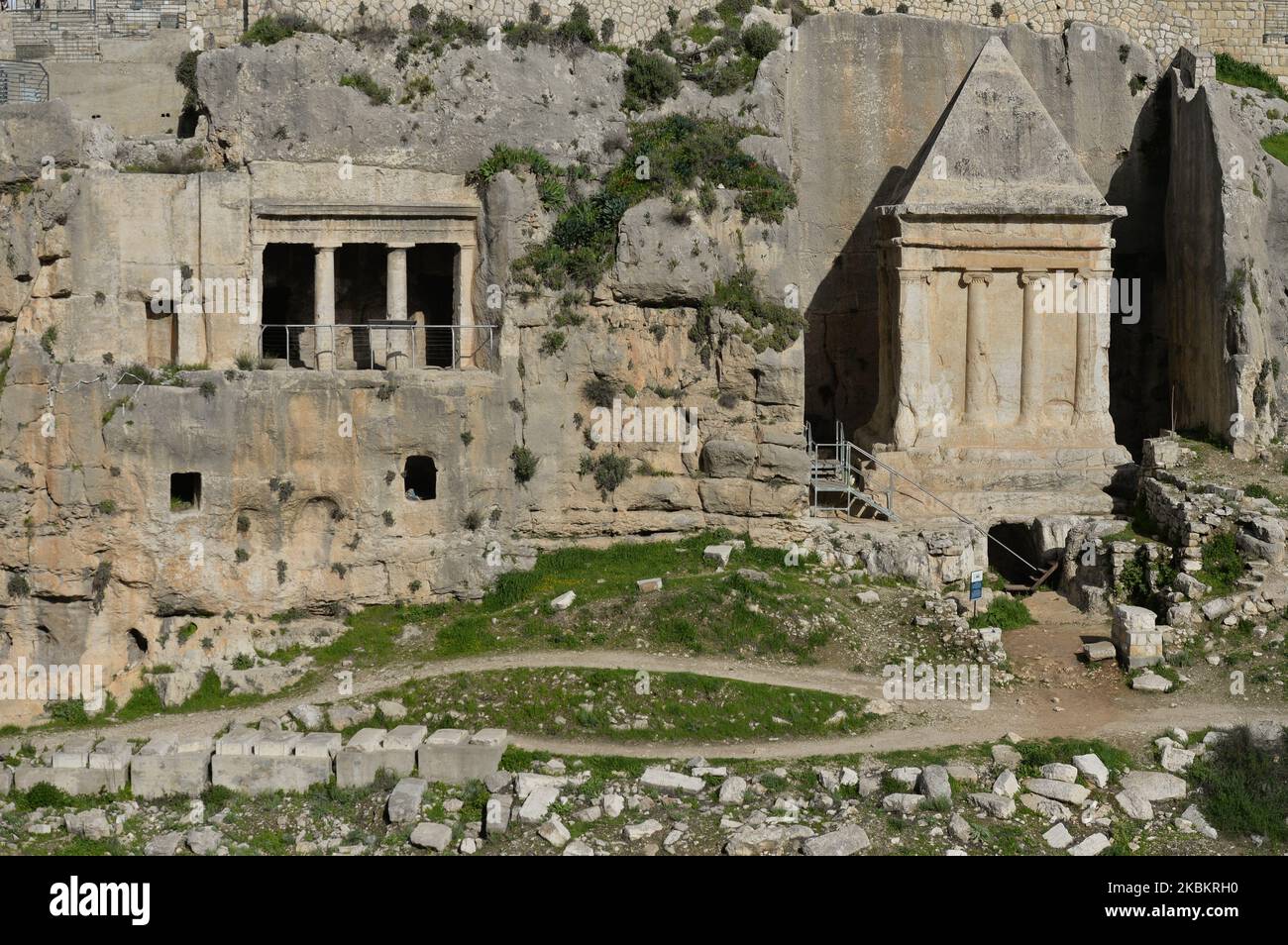 (L-R) Tomb of the Sons of Hezir and the tomb of Zechariah, in Valley of Jehoshaphat, Jerusalem. On Wednesday, March 11, 2020, in Jerusalem, Israel. (Photo by Artur Widak/NurPhoto) Stock Photo