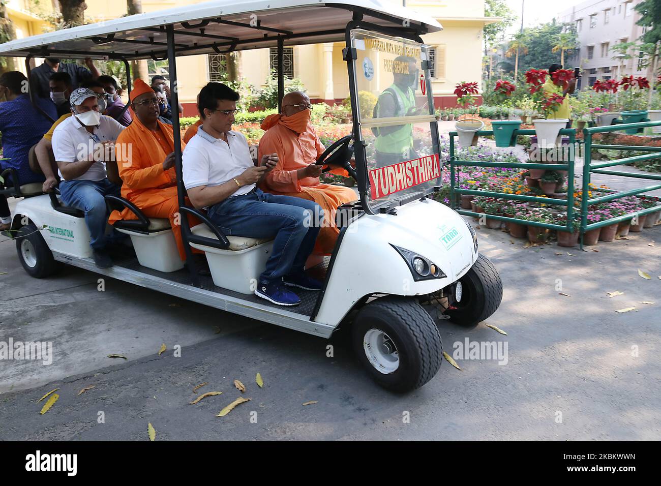 BCCI president Sourav Ganguly ride Electric Vehicle Golf Cart and donated 2000 kilograms of rice on April 01,2020 at Belur Math, the headquarters of the Ramkrishna Mission, to help feed those in need in the wake of national lockdown due to COVID 19 ,coronavirus.The former India captain was seen wearing a black mask and taking a tour of the Ramkrishna Mission headquarters with the monks in a golf cart. (Photo by Debajyoti Chakraborty/NurPhoto) Stock Photo