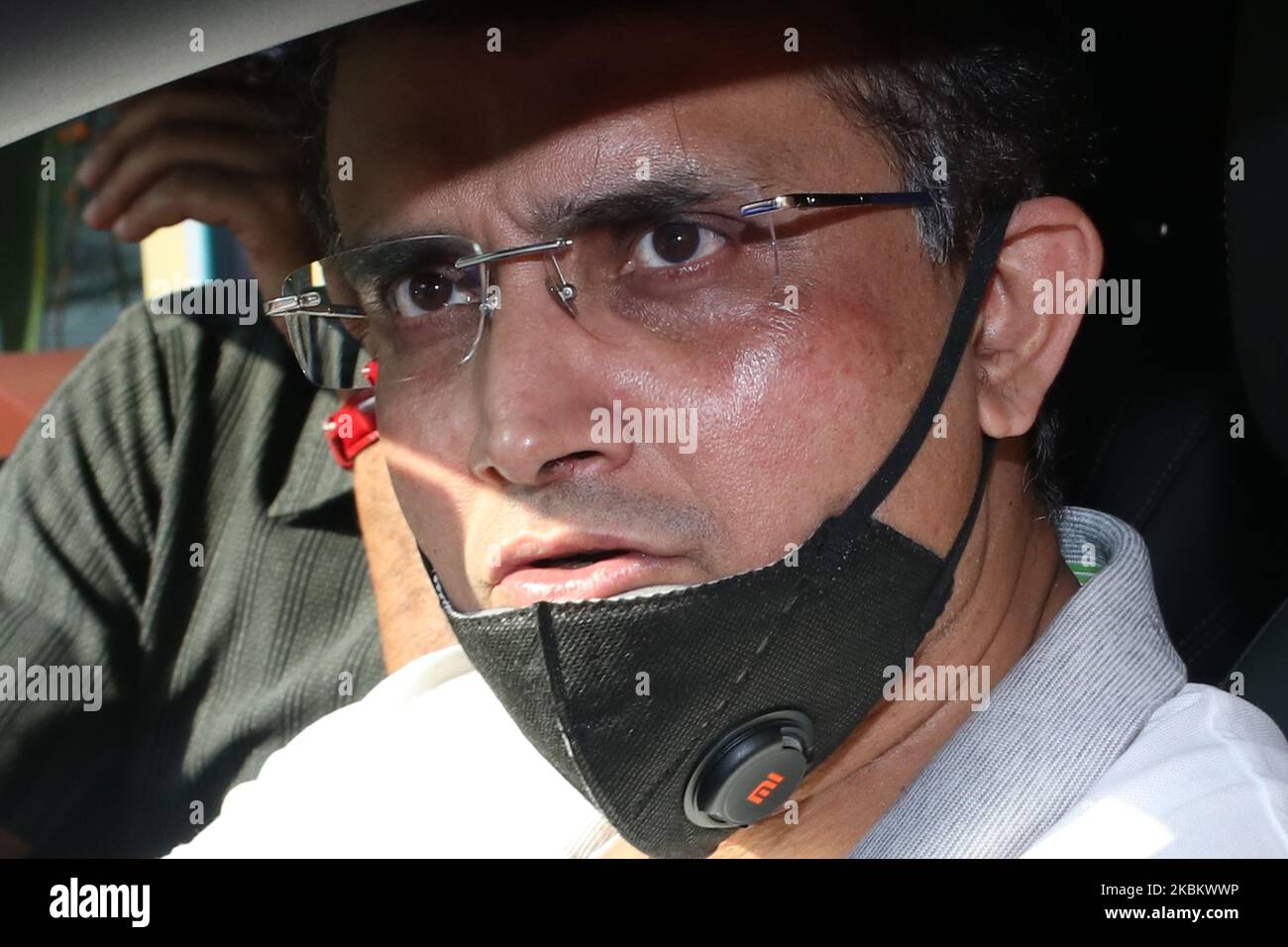 BCCI president Sourav Ganguly wearing a mask arrive and donated 2000 kilograms of rice on April 01,2020 at Belur Math, the headquarters of the Ramkrishna Mission, to help feed those in need in the wake of national lockdown due to COVID 19 ,coronavirus.The former India captain was seen wearing a black mask and taking a tour of the Ramkrishna Mission headquarters with the monks in a golf cart. (Photo by Debajyoti Chakraborty/NurPhoto) Stock Photo
