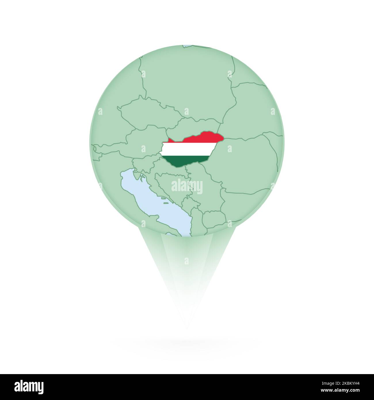 Hungary map, stylish location icon with Hungary map and flag. Green pin icon. Stock Vector