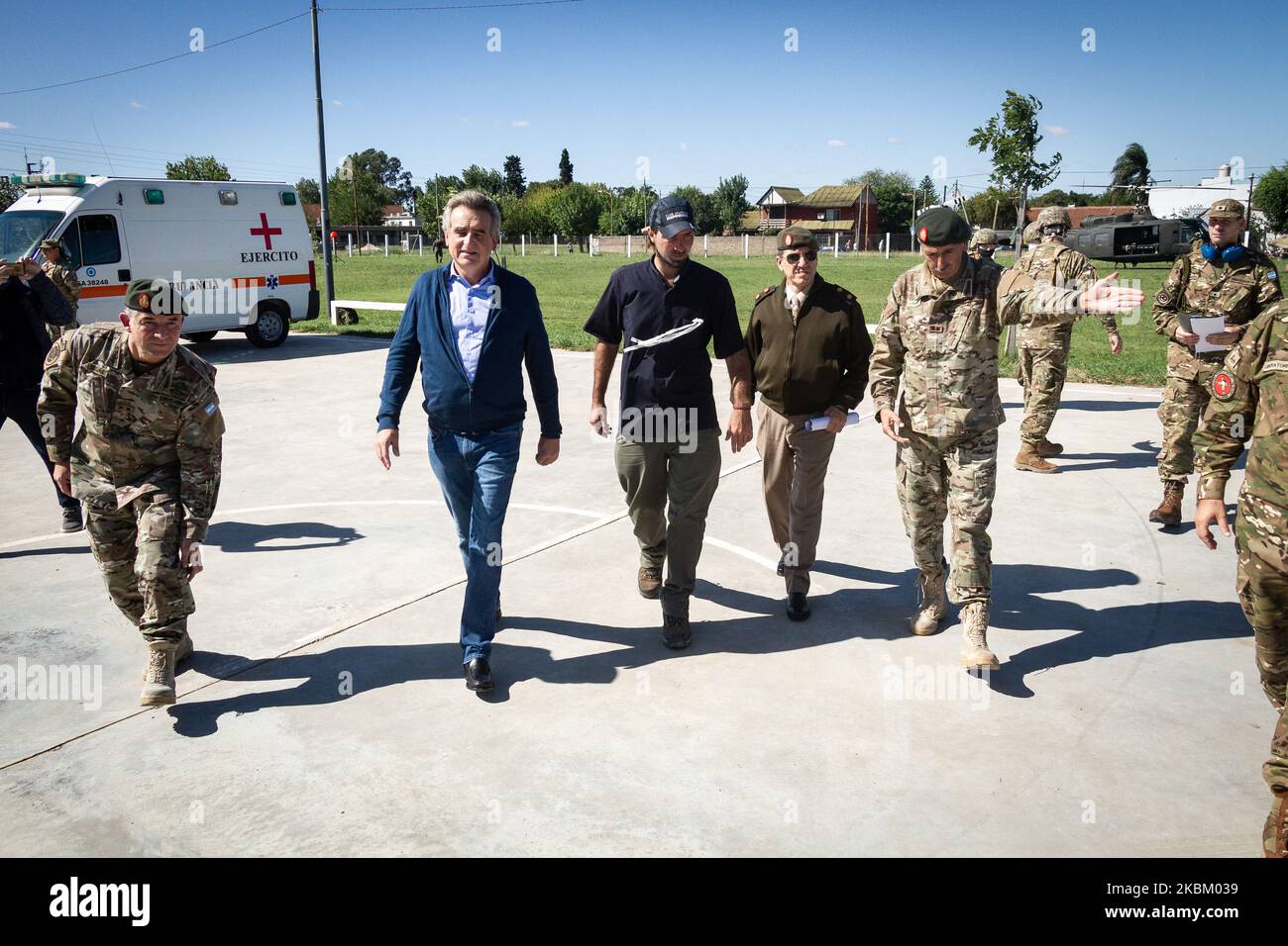 Defense Minister Agustin Rossi with the Army's Flat Mayo arriving by  helicopter at the ''San Jose'' Training Center in the neighborhood known as  Puerta de Hierro in the town of Isidro Casanova,