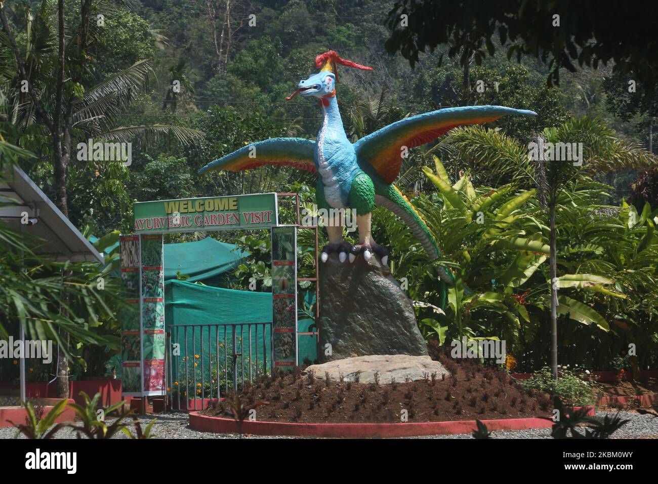 Large sculpture of a Pterodactyl dinosaur outside the Ayurvedic Garden
