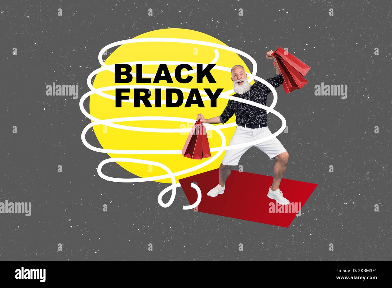 Collage photo of old pensioner hold red package wear stylish outift black friday proposition best choice prices isolated on grey color background Stock Photo