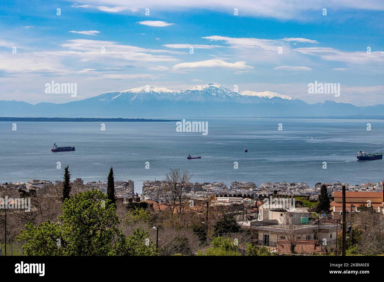 Snowcovered Mount Olympus as seen from Thessaloniki city in Greece