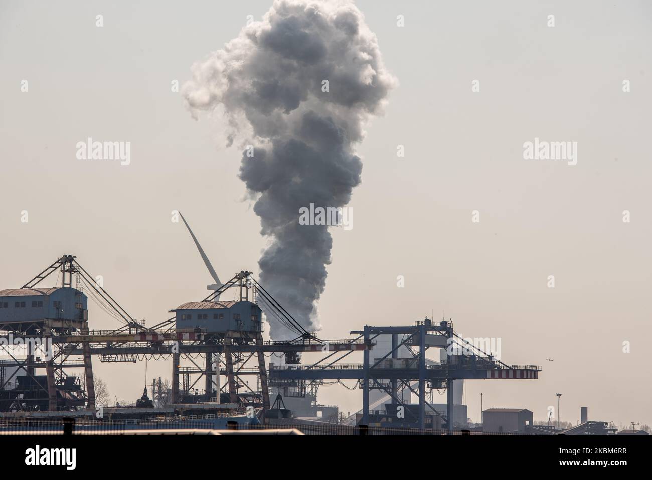 General view of ArcelorMittal in the port of Ghent, Belgium on April 09, 2020. ArcelorMittal group cuts the production in Europe due to the corona crisis (COVID-19) ArcelorMittal is the world's largest steel producer, Lakshmi Mittal (owner of Mittal Steel) is the chairman and CEO, The company will mainly produce less flat steel. This type of steel is often supplied to automakers, but they shut down their factories in Europe because of the corona virus. Lakshmi N Mittal Assistance relief in Emergency situation in India to stop the coronavirus. (Photo by Jonathan Raa/NurPhoto) Stock Photo