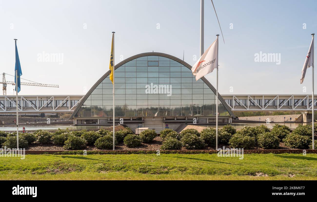 General view of ArcelorMittal in the port of Ghent, Belgium on April 09, 2020. ArcelorMittal group cuts the production in Europe due to the corona crisis (COVID-19) ArcelorMittal is the world's largest steel producer, Lakshmi Mittal (owner of Mittal Steel) is the chairman and CEO, The company will mainly produce less flat steel. This type of steel is often supplied to automakers, but they shut down their factories in Europe because of the corona virus. Lakshmi N Mittal Assistance relief in Emergency situation in India to stop the coronavirus. (Photo by Jonathan Raa/NurPhoto) Stock Photo