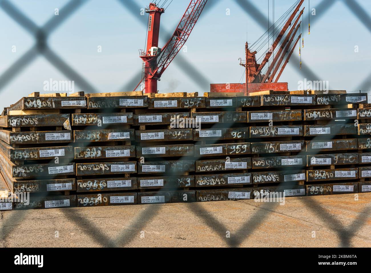 Giant pieces of steel at the steel factory in Ghent, Belgium are stacked to export abroad on April 09, 2020. ArcelorMittal group cuts the production in Europe due to the corona crisis (COVID-19) ArcelorMittal is the world's largest steel producer, Lakshmi Mittal (owner of Mittal Steel) is the chairman and CEO, The company will mainly produce less flat steel. This type of steel is often supplied to automakers, but they shut down their factories in Europe because of the corona virus. Lakshmi N Mittal Assistance relief in Emergency situation in India to stop the coronavirus. (Photo by Jonathan Ra Stock Photo