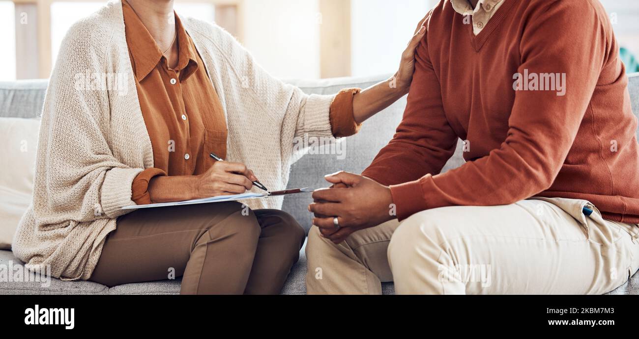 Therapist woman clipboard, man closeup and listen, question and support