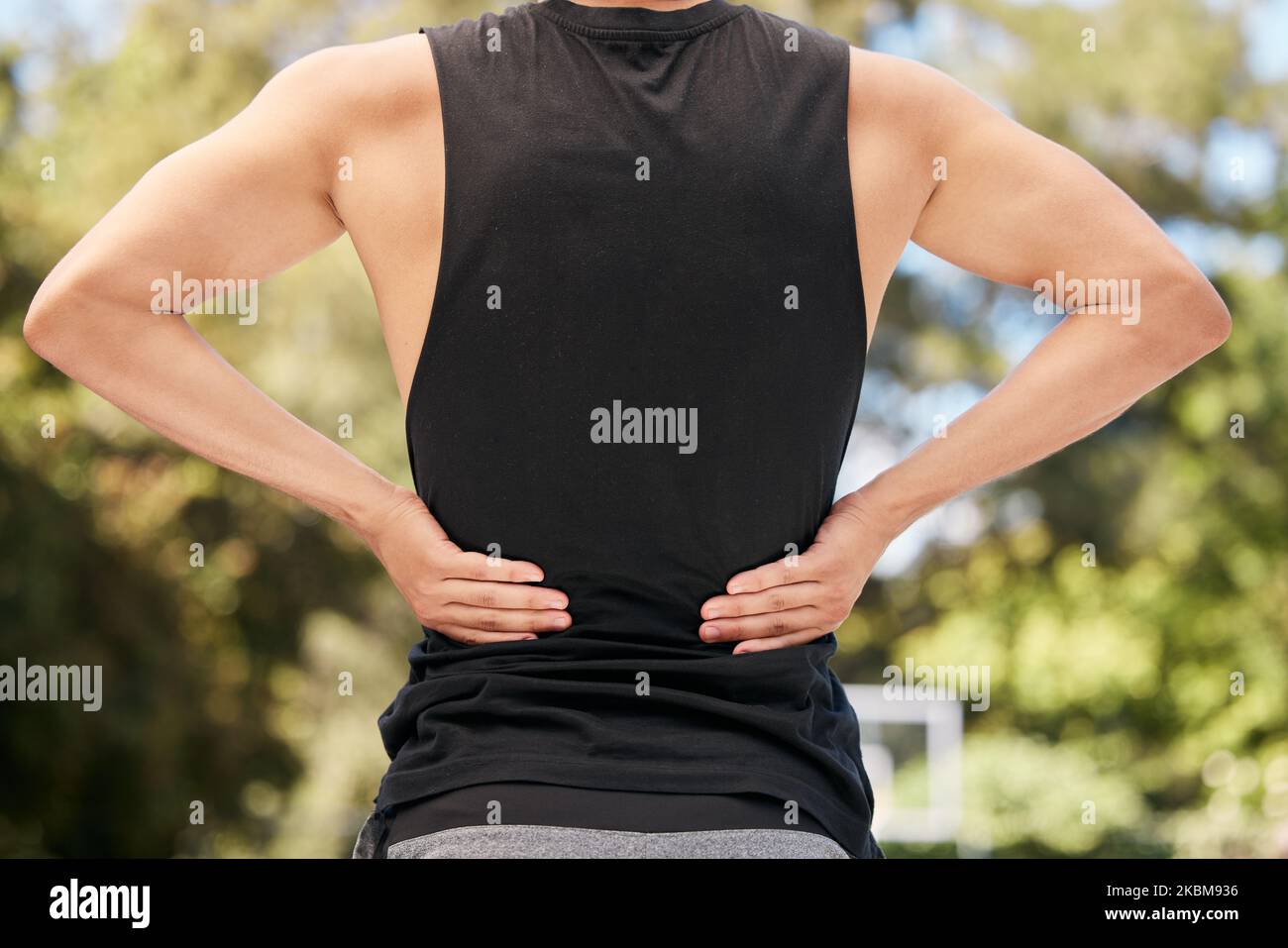 Athlete with back pain, injury or accident from sports match or