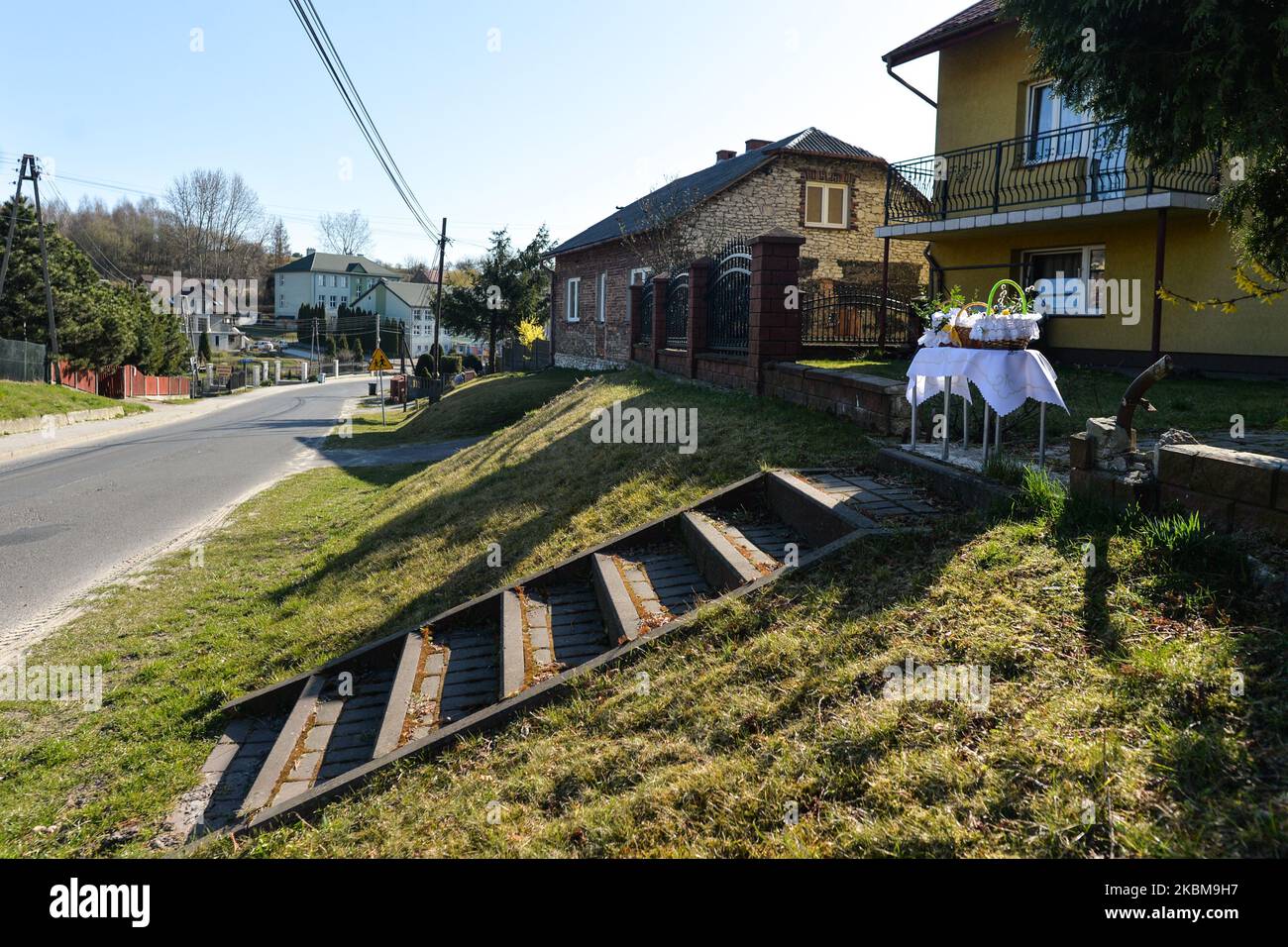 Baskets containing a sampling of Easter food seen outside houses in