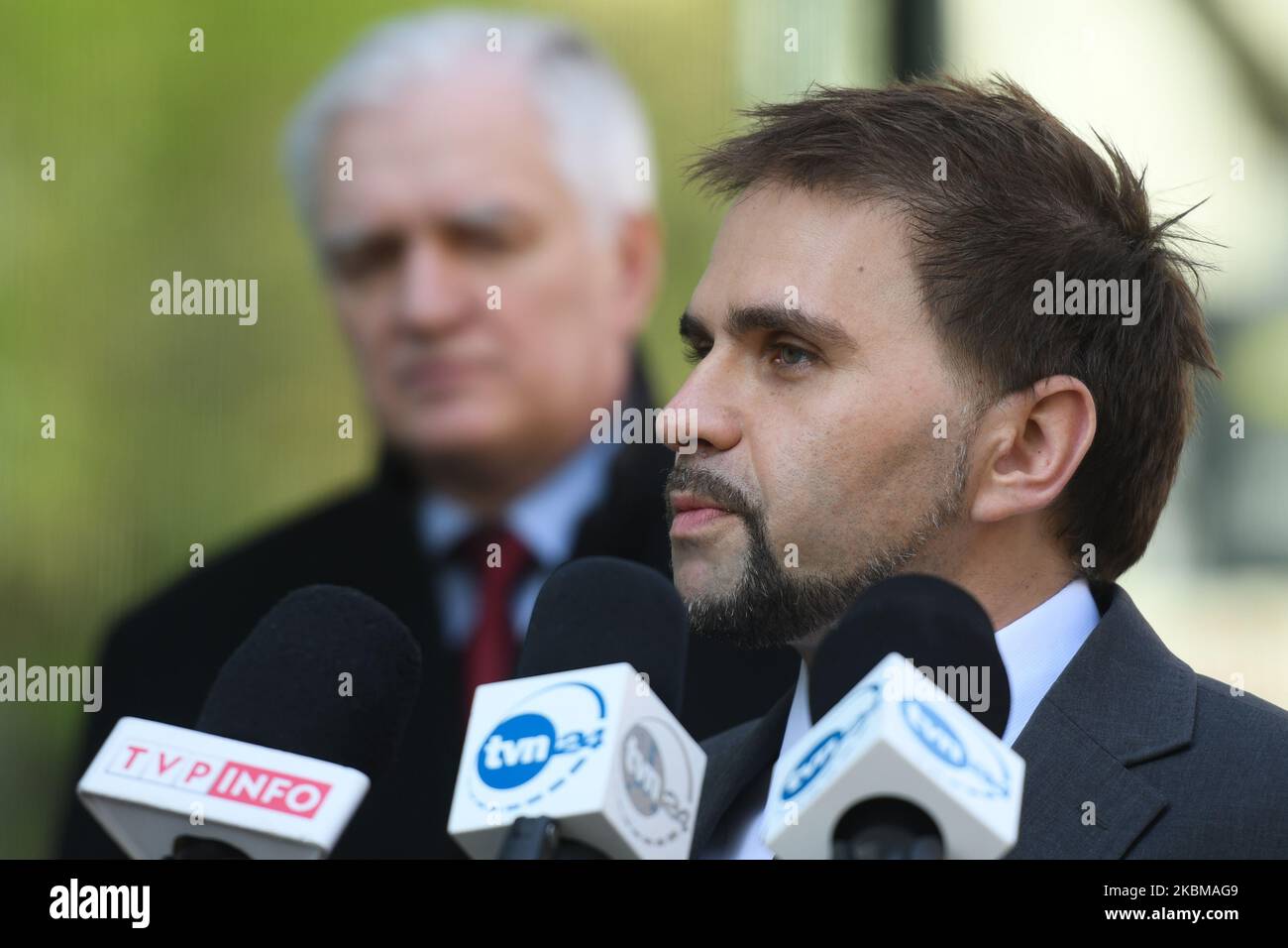 Jaroslaw Gowin (L), a leader of 'Agreement' political Party and a former Polish Deputy PM and Minister of Science and Higher Education and Krzysztof Pyrc (R), a molecular virologist appointed as professor at the Malopolska Center for Biotechnology of the Jagiellonian University in Krakow, meet the media during a press conference in Krakow. Gowin announced today his intention to ask his successor to request that President Andrzej Duda award the team of scientists, who developed the Polish version of a coronavirus test, the highest state decoration. On Monday, April 6, 2020, in Krakow, Poland. ( Stock Photo