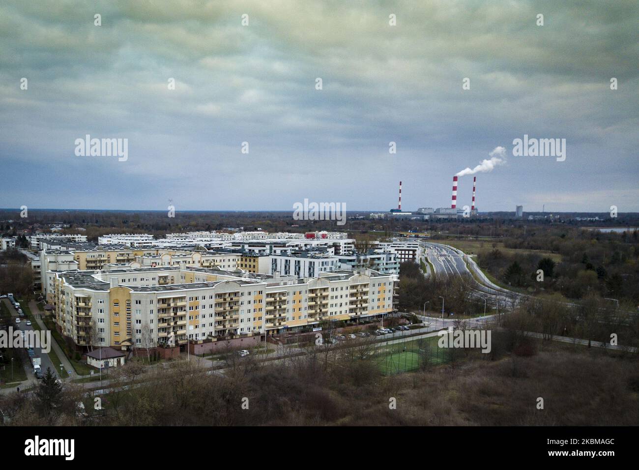 The Siekierki power station is seen a residential area in Warsaw, Poland on March 21, 2020. The Siekierki power station is owned by the Swedish Vattenfall company and operated by the Polish, state owned PGNiG gas and mining company. (Photo by Jaap Arriens/NurPhoto) Stock Photo