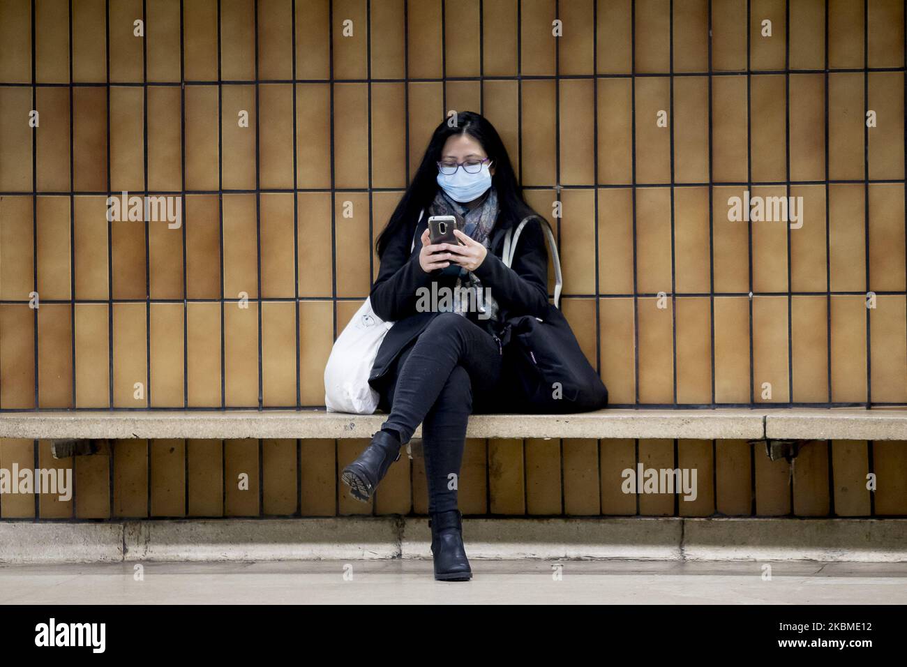 Red Cross volunteers have started to distribute more than a million health masks for free in Barcelona's metro and train stations on the occasion of the Coronavirus Covid 19 health crisis in Barcelona, Catalonia, Spain, on April 14, 2020. (Photo by Miquel Llop/NurPhoto) Stock Photo