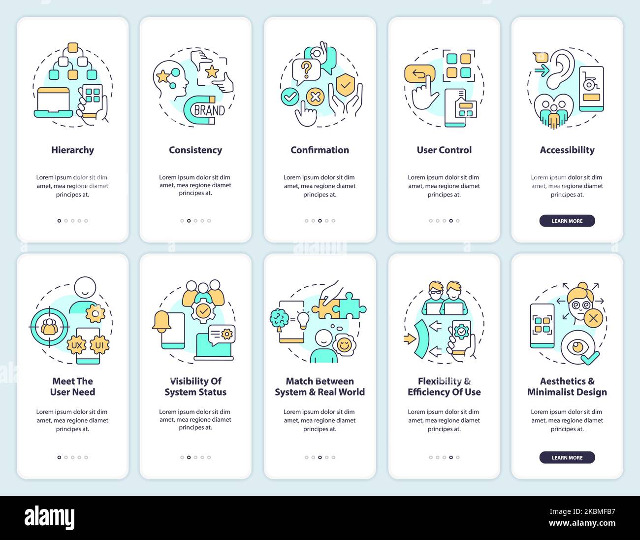 User experience design principles onboarding mobile app screen set Stock Vector