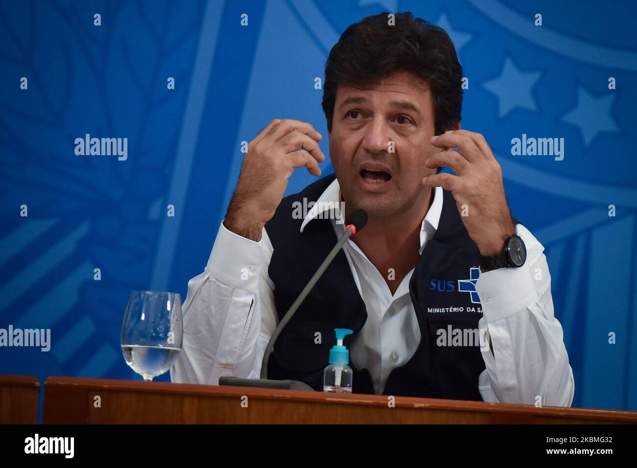 After reports that would leave office leave office, Brazil's Minister of Health Luiz Henrique Mandetta reacts during a press conference, amid the coronavirus disease (COVID-19) outbreak at the Planalto Palace in Brasilia, Brazil April 15, 2020. (Photo by Andre Borges/NurPhoto) Stock Photo