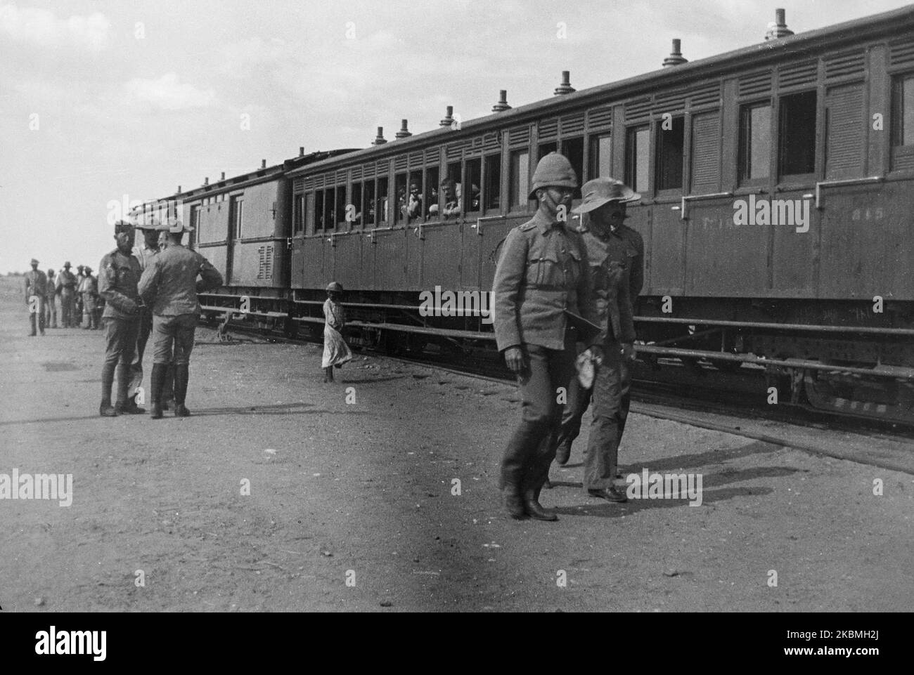 British Soldiers at a Railway Station in South Africa during The Boer War. Stock Photo