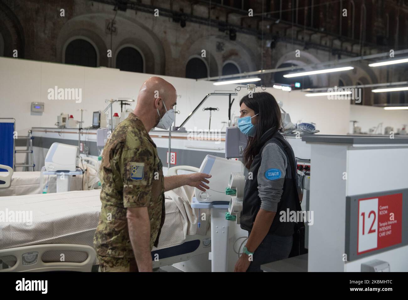 The Italian Army helped set up the hospital on April 18, 2020 in Turin, Italy. The 'Officine grandi riparazioni OGR' will house a large temporary hospital with an intensive care unit, sub-intensive care unit and places for hospitalization. (Photo by Mauro Ujetto/NurPhoto) Stock Photo