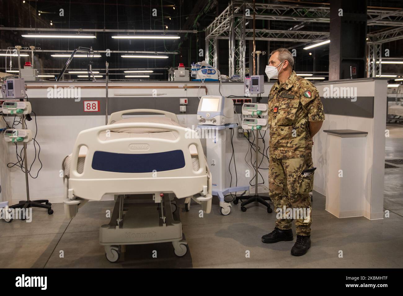 The Italian Army helped set up the hospital on April 18, 2020 in Turin, Italy. The 'Officine grandi riparazioni OGR' will house a large temporary hospital with an intensive care unit, sub-intensive care unit and places for hospitalization. (Photo by Mauro Ujetto/NurPhoto) Stock Photo