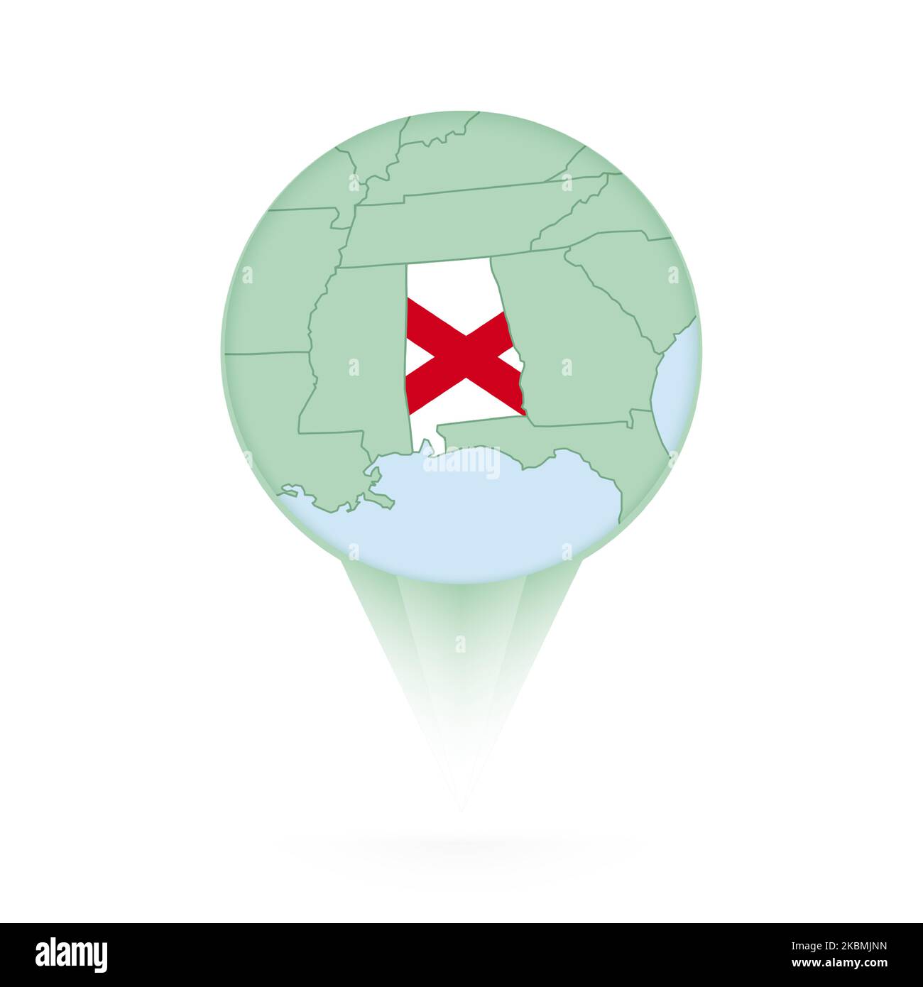 Alabama map, stylish location icon with Alabama map and flag. Green pin icon. Stock Vector