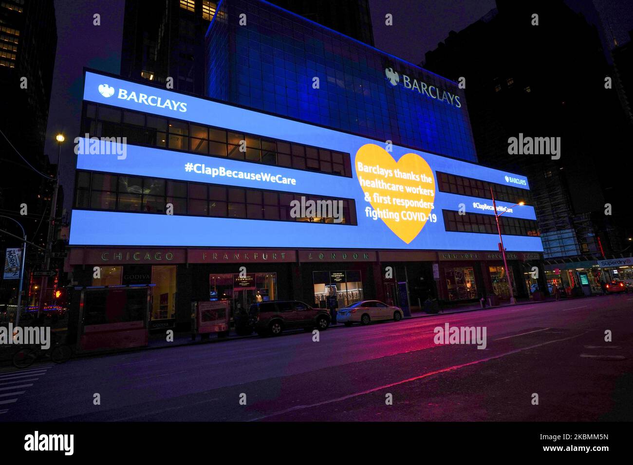 A view of digital billboards thanking essential workers as seen in Times Square, New York City, USA during Coronavirus pandemic on April 19, 2020. (Photo by John Nacion/NurPhoto) Stock Photo