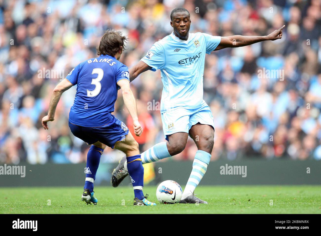 Vincent Kompany of Manchester City in action with Leighton Baines of Everton during the Premier League match between Manchester City and Everton at the Etihad Stadiun, Manchester on Saturday 24th September 2011. (Photo by Eddit Garvey/MI News/NurPhoto) Stock Photo