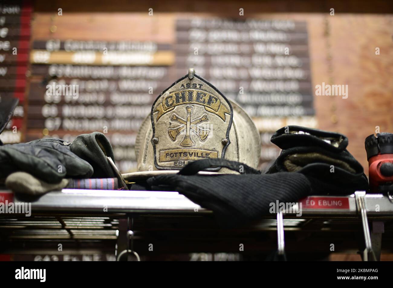 Firefighters gear and call box locations at the fire house of the