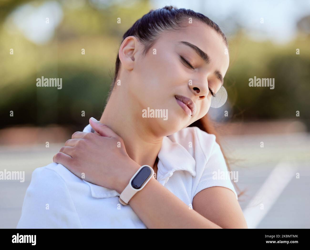 Sports, tennis and massage with woman and neck pain on court with