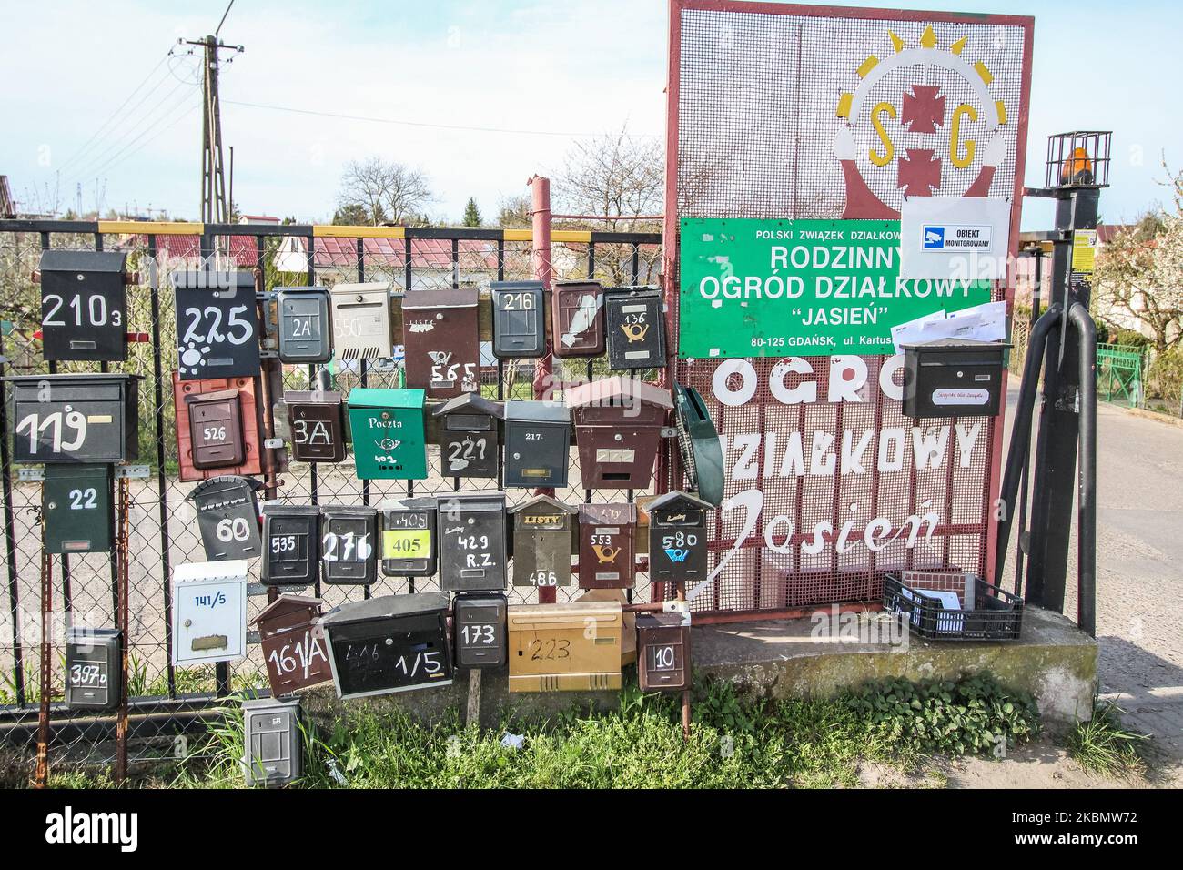 Mailboxes hanging on a allotment garden where houndreds of not not registered in a voters lists people live unofficially are seen in Gdansk, Poland on 24 April 2020 This people will not be able to tok part in a Presidential voting. Law and Justice (PiS) ruling party forces to hold an election by mail for the first time ever, steamrolling over calls to delay the May 10 presidential ballot as Poland remains in lockdown to fight the coronavirus pandemic. PiS wants to help Andrzej Duda remain president for another 5 years this way (Photo by Michal Fludra/NurPhoto) Stock Photo