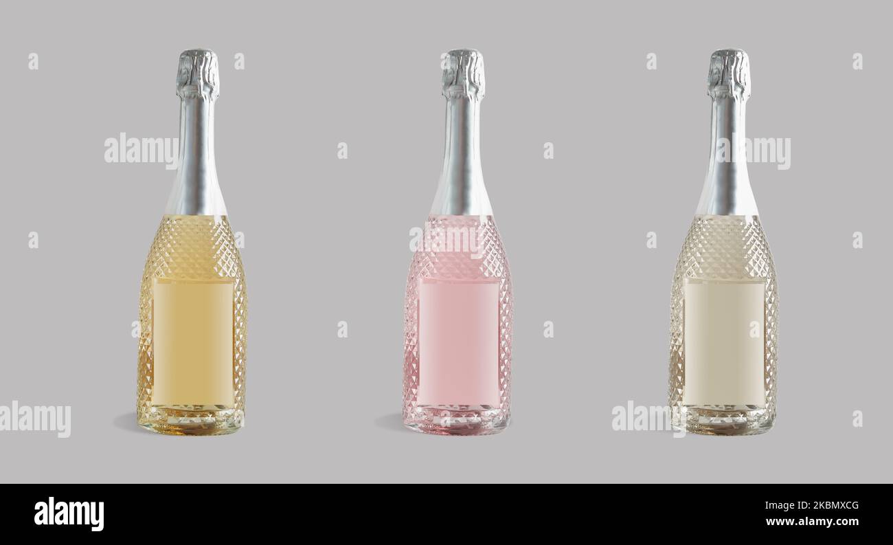 Three colorful bottles of champagne at gray background with shadow Stock Photo